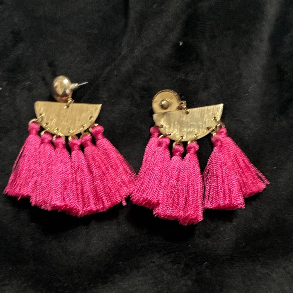 Fuchsia Tassel Statement Earrings Gold Tone Boho Party Vacation Girls Night Out